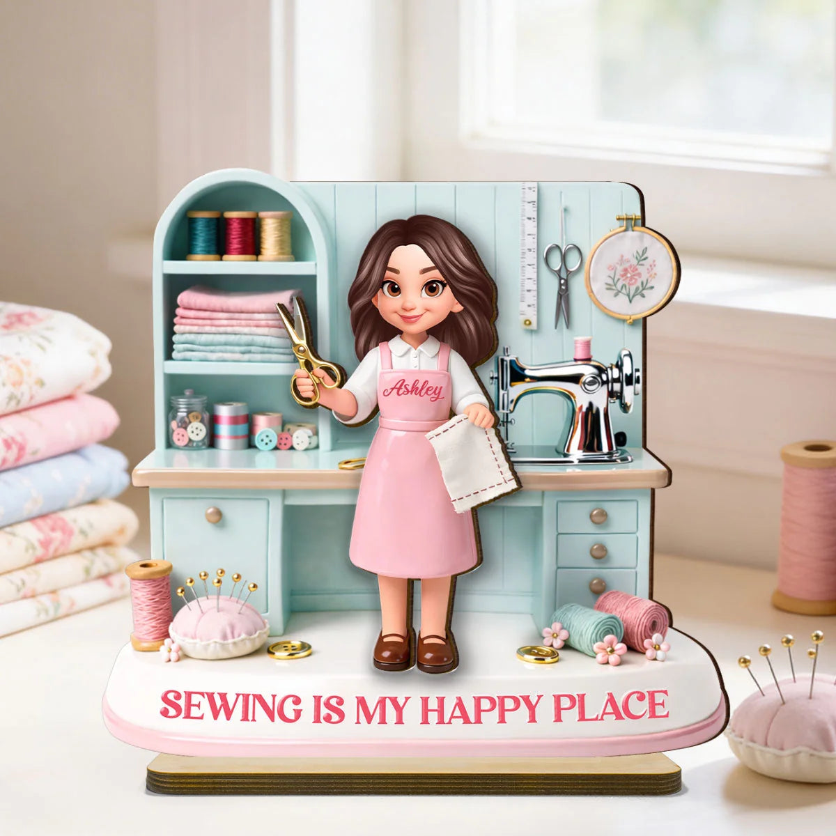 Custom Wooden Sewing Plaque - Personalized Gifts For Mom, Grandma & Sewing Lovers - Sewing Is My Happy Place