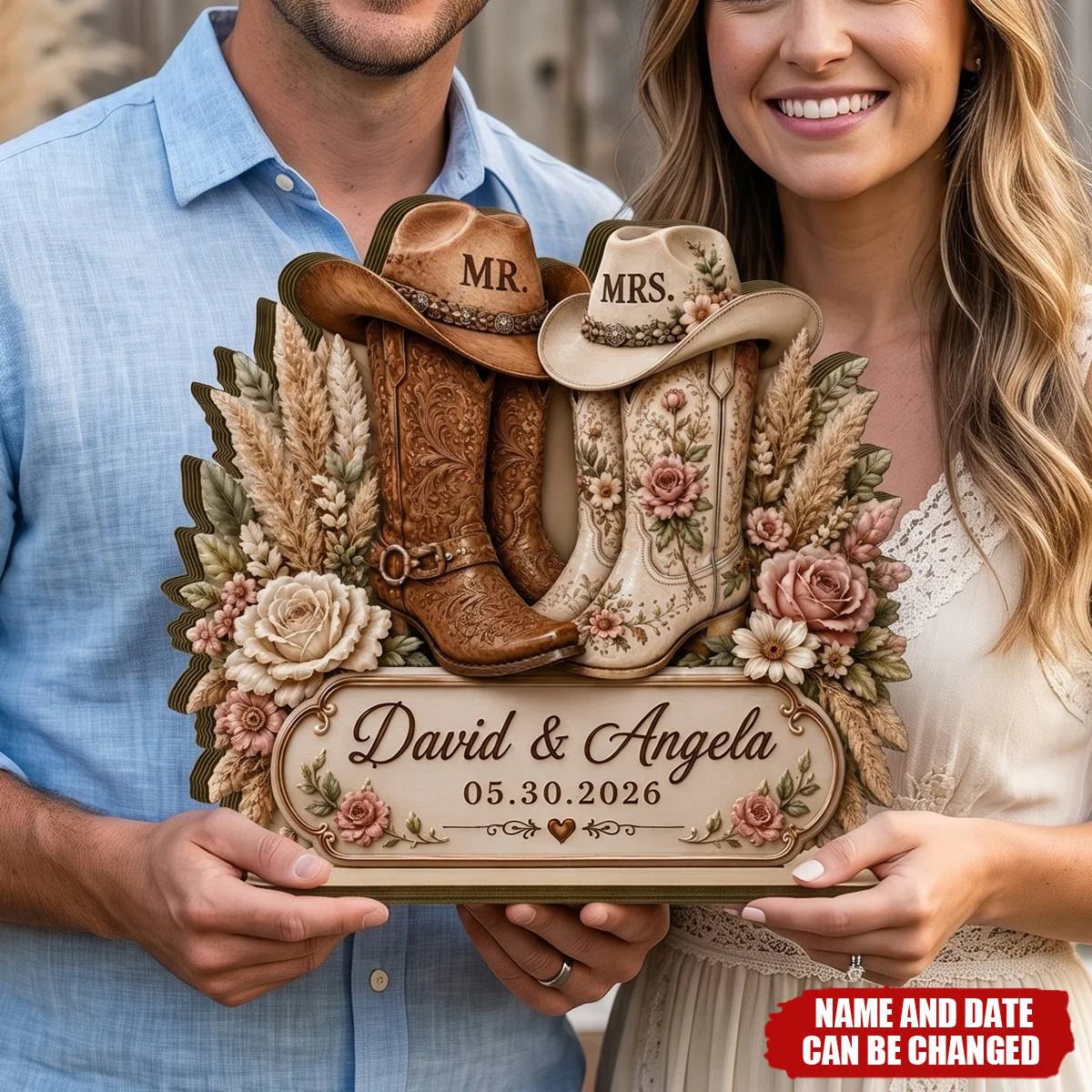 Custom Cowboy Boots Wooden Plaque - Personalized Wedding Gifts For Couples - Mr & Mrs Forever