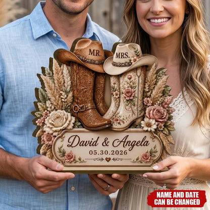 Custom Cowboy Boots Wooden Plaque - Personalized Wedding Gifts For Couples - Mr & Mrs Forever