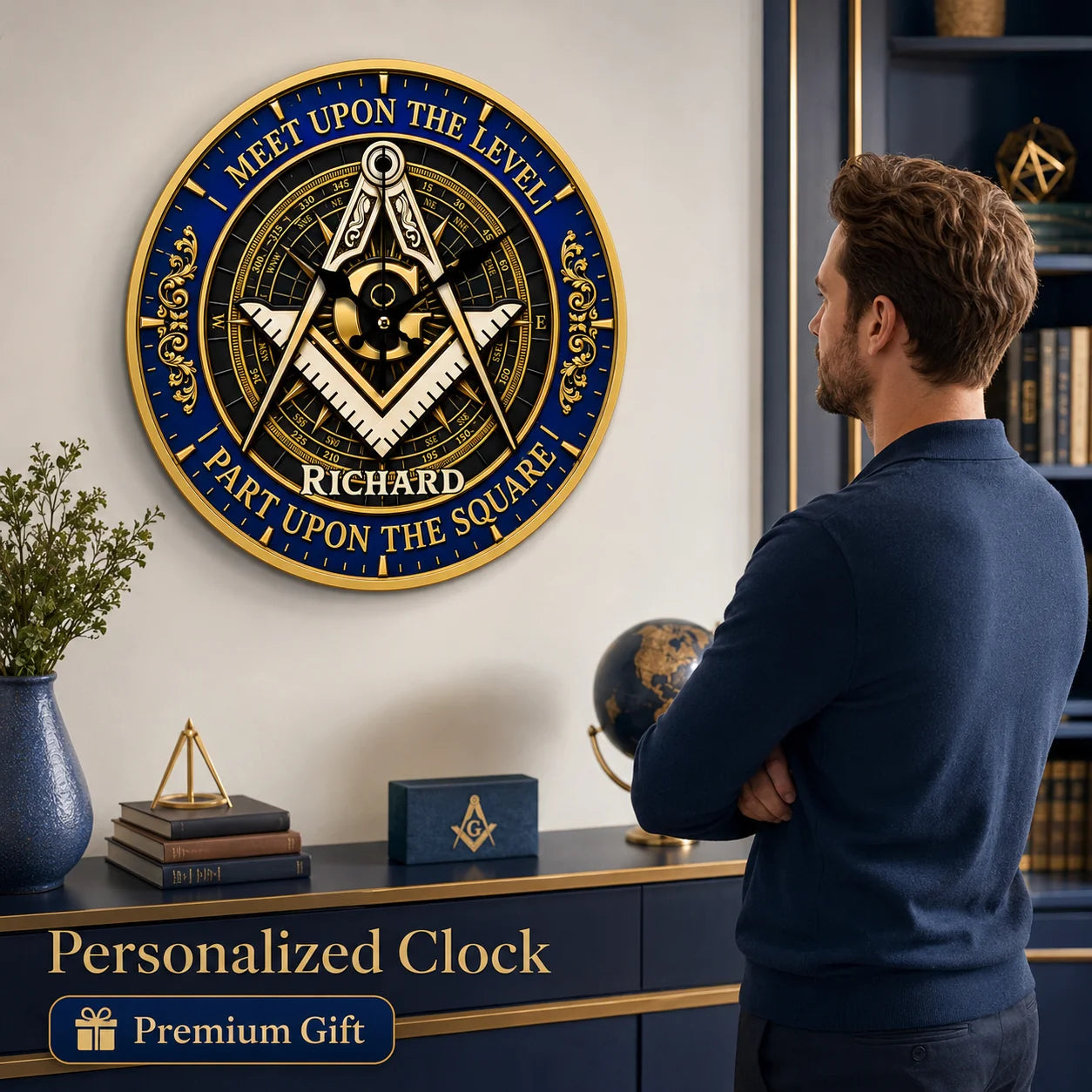 Custom Masonic Wooden Wall Clock - Personalized Freemason Gifts For Lodge Brothers, Dad & Husband - Meet Upon The Level